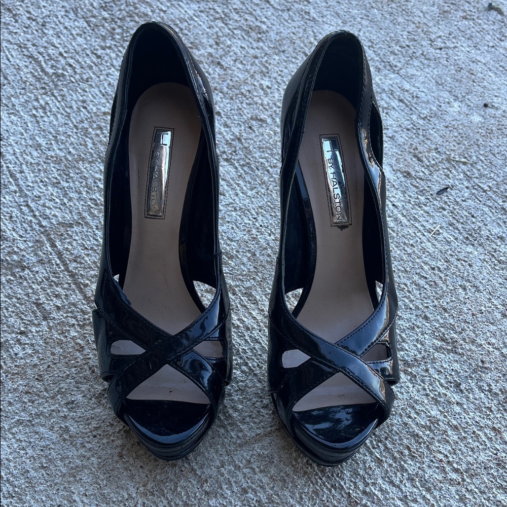H by Halston Glossy Black Peep-Toe Heels